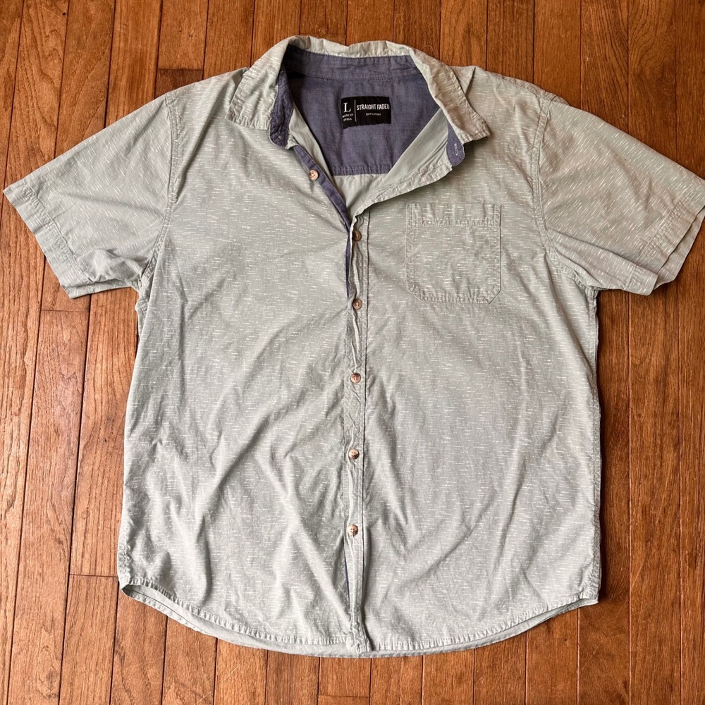 Slub Textured Cotton‎ Button Down Shirt Mens Large Short Sleeve Green Modern
